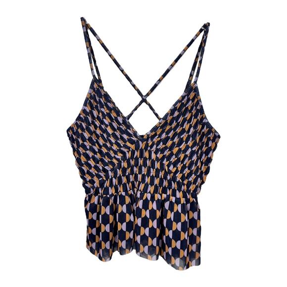 Anthropologie Mesh V-Neck Geometric Print Tank Top Small Navy Peplum Chic - Picture 2 of 7